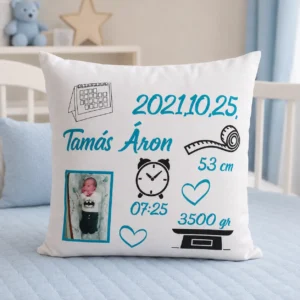 Fényképes baba emlékőrző párna névvel és születési adatokkal