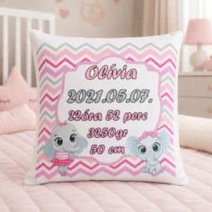 Rózsaszín elefántos baba emlékőrző párna névvel és születési adatokkal