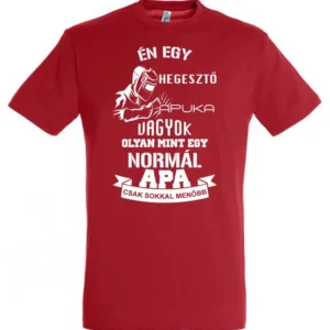 Piros hegesztő apa póló fehér felirattal és hegesztős grafikával