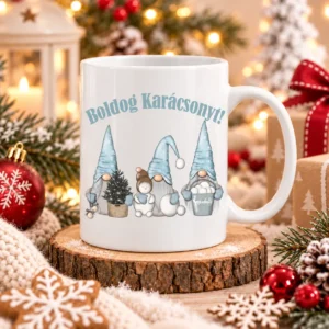 Kék manós karácsonyi bögre Boldog Karácsonyt felirattal, téli manókkal és hóemberrel