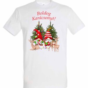 Manós karácsonyi póló két manóval, őzikékkel és Boldog Karácsonyt felirattal