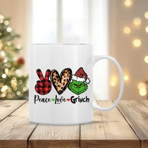 Peace Love Grinch bögre – modern karácsonyi minta kockás, leopárd és Grincs dizájnnal szublimált kerámia bögrén