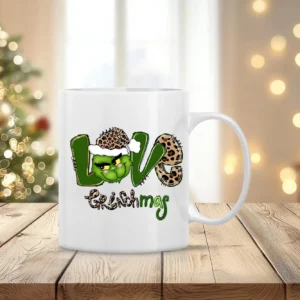 Love Grinchmas bögre – leopárd mintás karácsonyi minta Grinccsel, szublimált kerámia bögrén