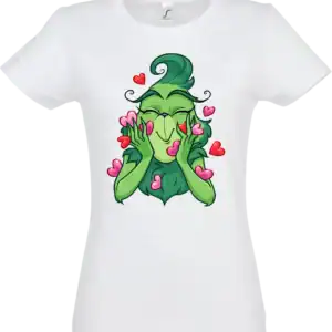 Grincs szerelem póló fehér alapon – női karcsúsított Gildan fazon, karácsonyi minta szívecskékkel