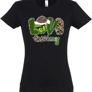 Love Grinchmas póló fekete alapon – női karcsúsított Gildan fazon, leopárd mintás Grincs karácsonyi minta