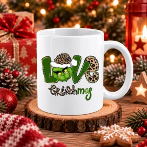 Leopárdmintás Grincs bögre zöld figurával és Love Grinchmas felirattal