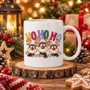 Rénszarvasos karácsonyi bögre Ho Ho Ho felirattal és három vidám rénszarvassal