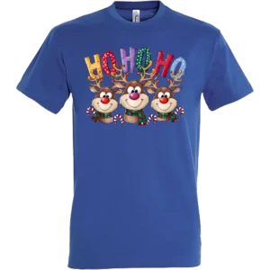 Ho Ho Ho rénszarvasos karácsonyi póló királykék alapon – színes karácsonyi minta