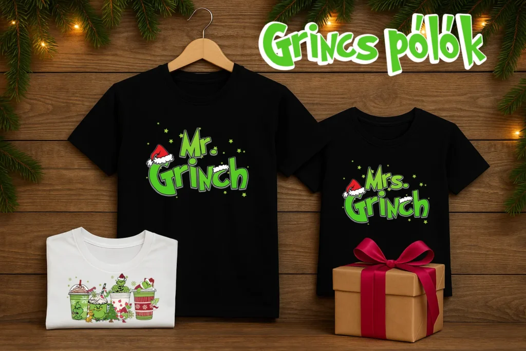 Karácsonyi hangulatú kép három pólóval: két fekete póló vállfán és egy fehér póló összehajtva, ajándékdobozzal és fenyőágakkal díszített háttérrel.