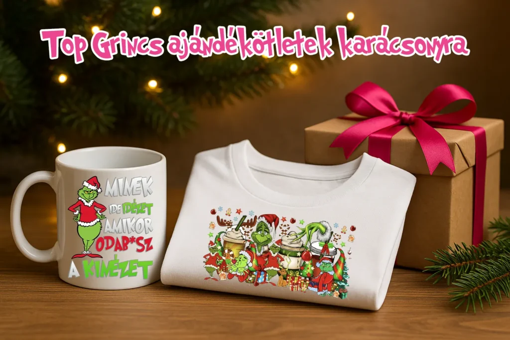 Karácsonyi hangulatú kép bögrével, összehajtott pólóval és magenta szalaggal átkötött ajándékdobozzal, fenyőágakkal a háttérben.