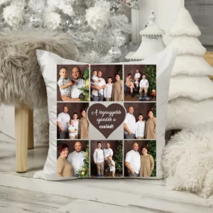 „Családi fotókollázs párna – egyedi fényképes díszpárna ‘A legnagyobb ajándék a család!’ felirattal”