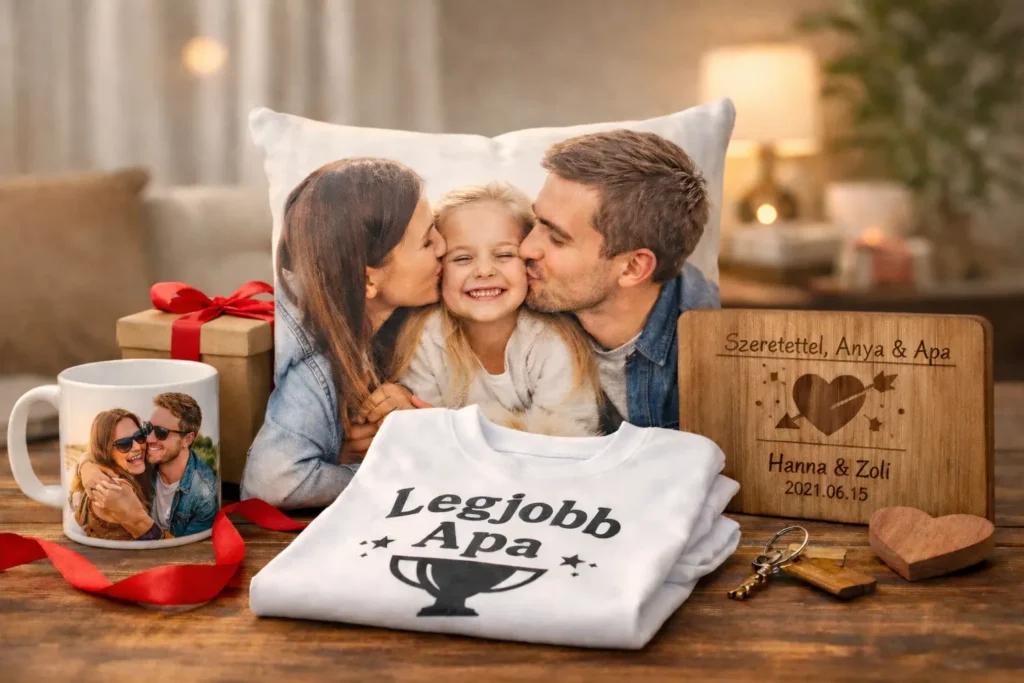 Egyedi ajándék ötletek személyre szabott bögrével, párnával, pólóval és gravírozott fa táblával
