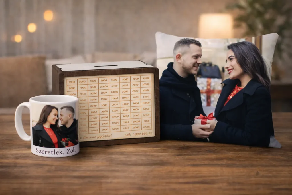 Személyre szabott ajándék ötletek fényképes bögrével, párnával és egyedi pénzgyűjtő dobozzal