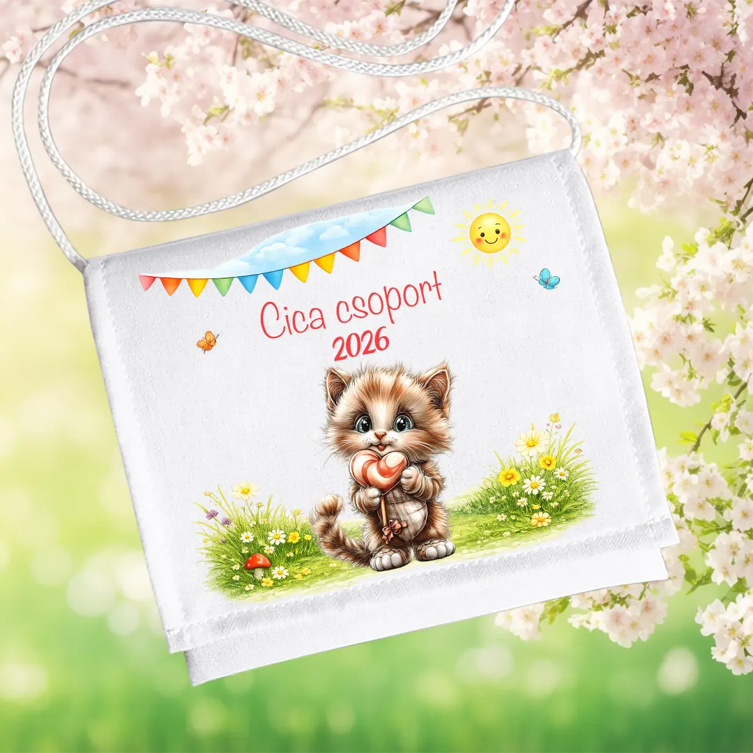 Ovis ballagó tarisznya névvel – Cica csoport, 2026, szívecskés cicás mintával