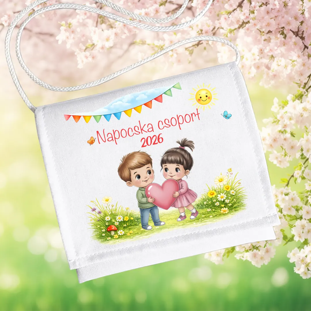 Napocska csoport 2026 feliratos ovis ballagó tarisznya szívecskét tartó gyerek mintával