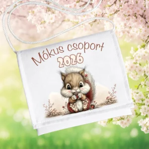 Mókus csoport 2026 feliratos ovis ballagó tarisznya mókus mintával