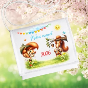 Mókus csoport 2026 feliratos ovis ballagó tarisznya vidám mókus mintával