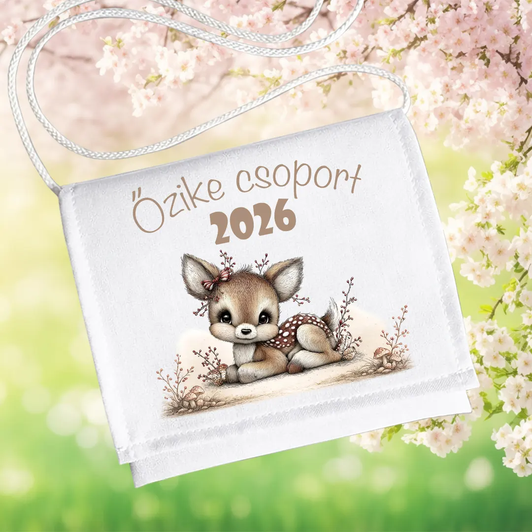 Őzike csoport 2026 feliratos ovis ballagó tarisznya aranyos őzikés mintával