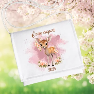 Őzike csoport 2025 feliratos ovis ballagó tarisznya virágos őzikés mintával