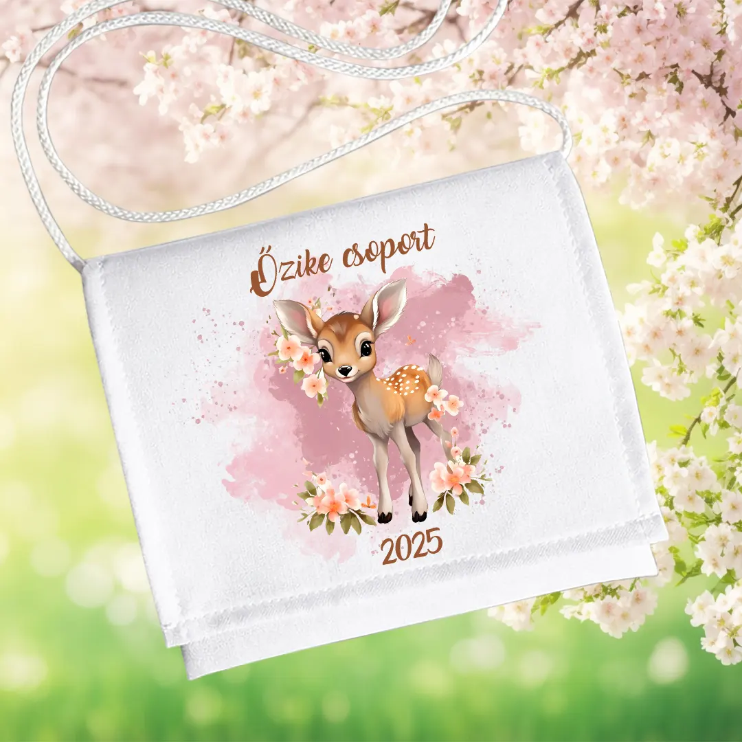 Őzike csoport 2025 feliratos ovis ballagó tarisznya virágos őzikés mintával