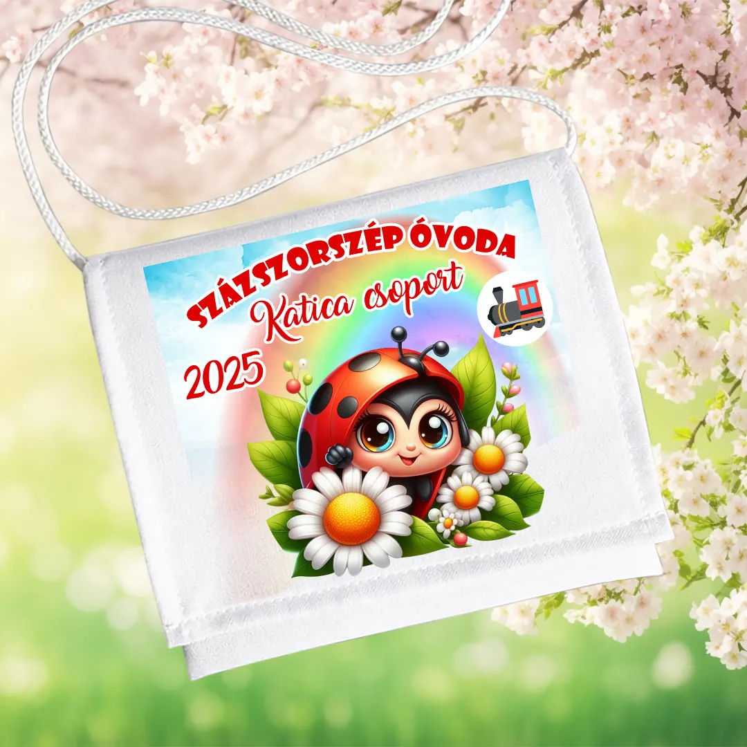 Ovis ballagó tarisznya névvel – Katica csoport, 2025, szivárványos százszorszép mintával