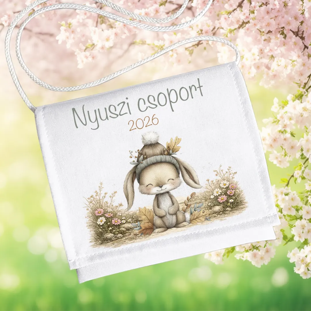 Nyuszi csoport 2026 feliratos ovis ballagó tarisznya őszi nyuszi mintával