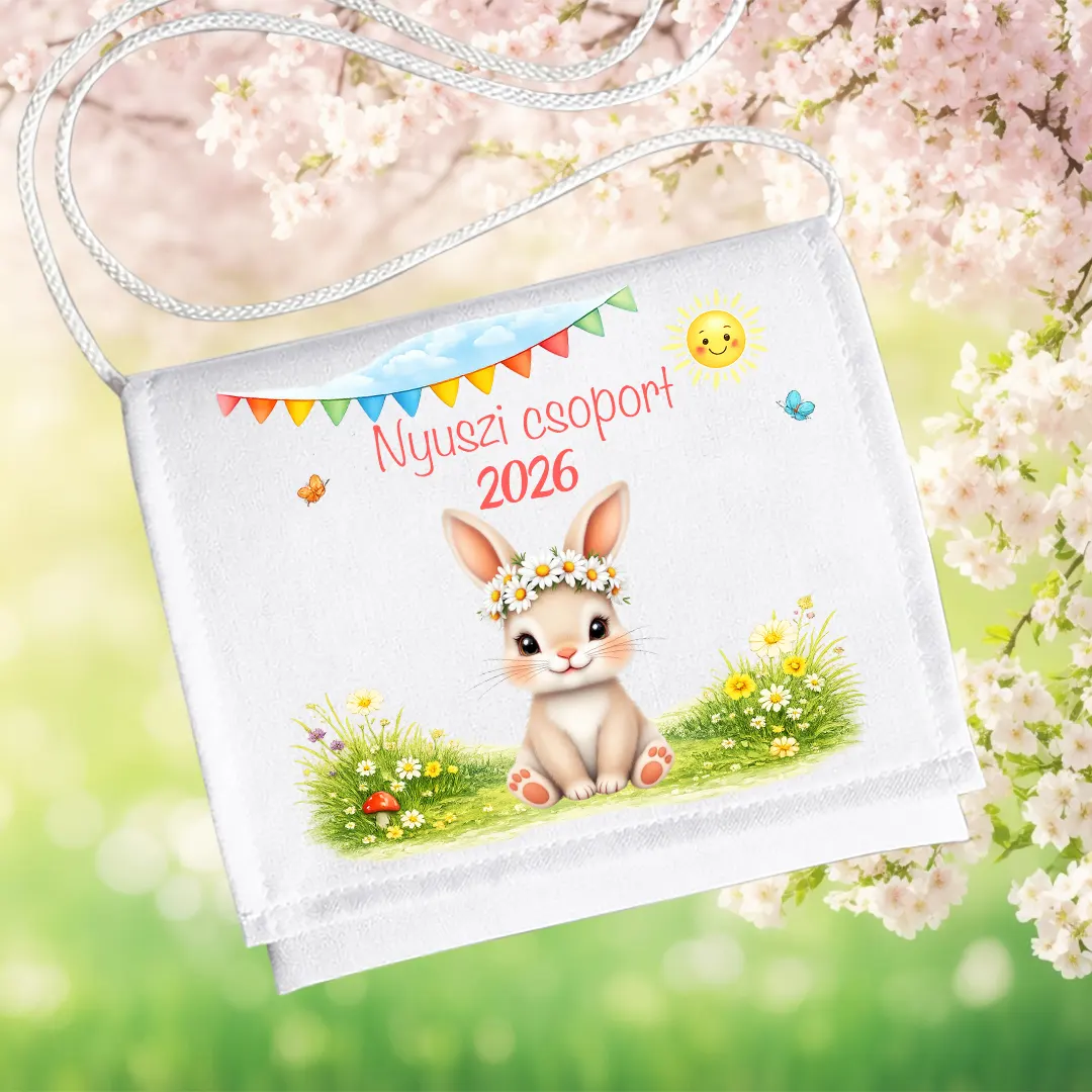 Nyuszi csoport 2026 feliratos ovis ballagó tarisznya virágkoszorús nyuszival
