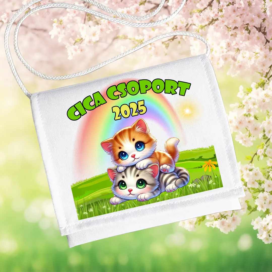 Ovis ballagó tarisznya névvel – Cica csoport, 2025, szivárványos két cicás mintával