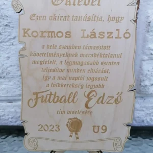 Gravírozott fa oklevél saját szöveggel 3 mm rétegelt nyírből