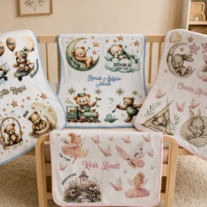 Baba emlékőrző takaró névvel és születési adatokkal