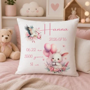 Gólyás-nyuszis baba emlékőrző párna névvel és születési adatokkal