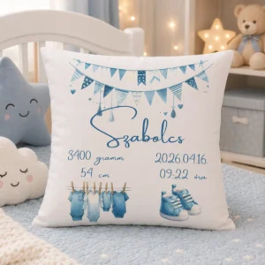 Kék babaruhás baba emlékőrző párna névvel és születési adatokkal