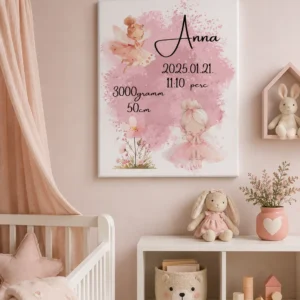 Tündéres baba emlékőrző vászonkép 30×40 cm rózsaszín babaszobában