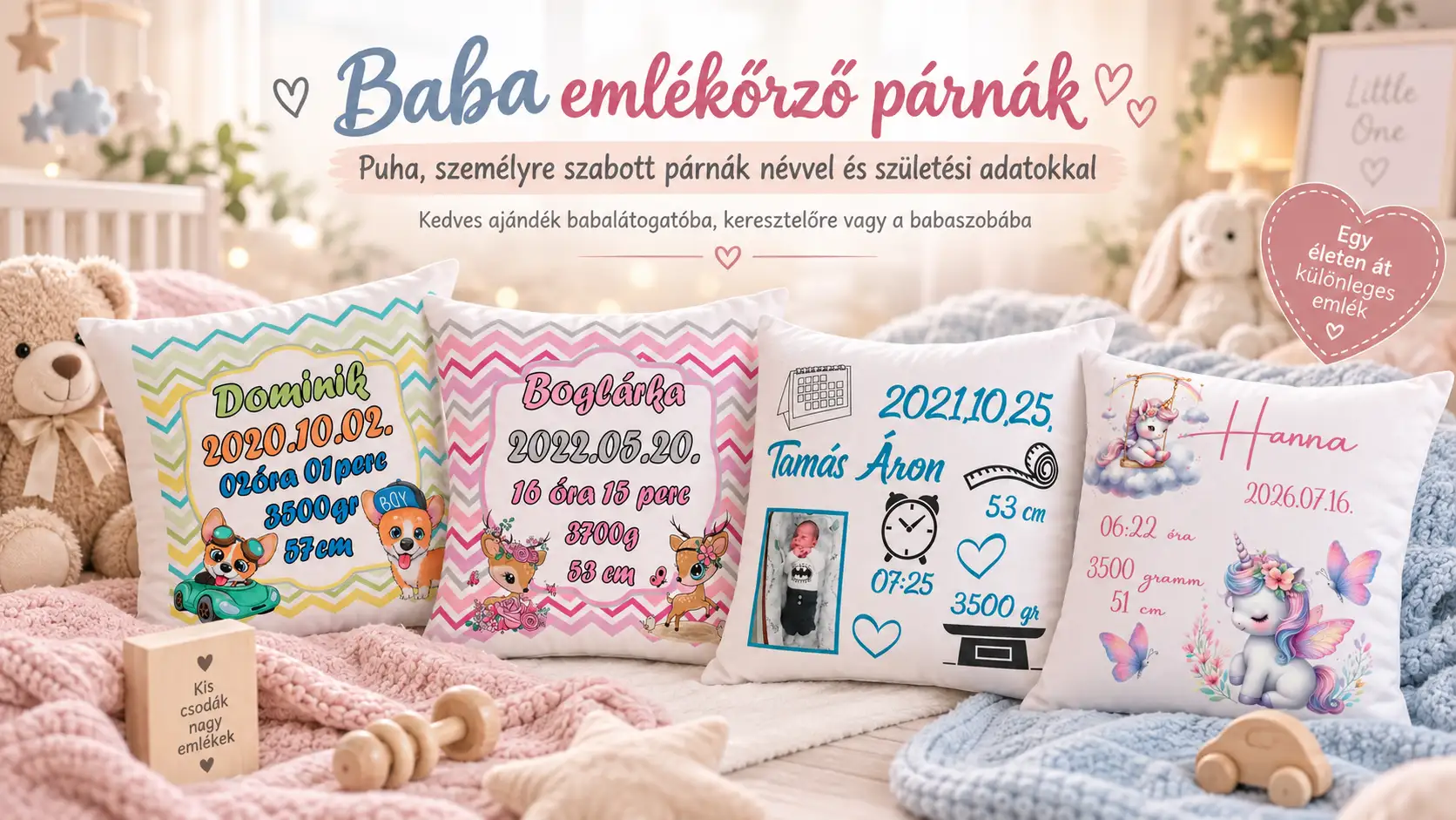 Baba emlékőrző párnák névvel és születési adatokkal – Alexandra Dekor