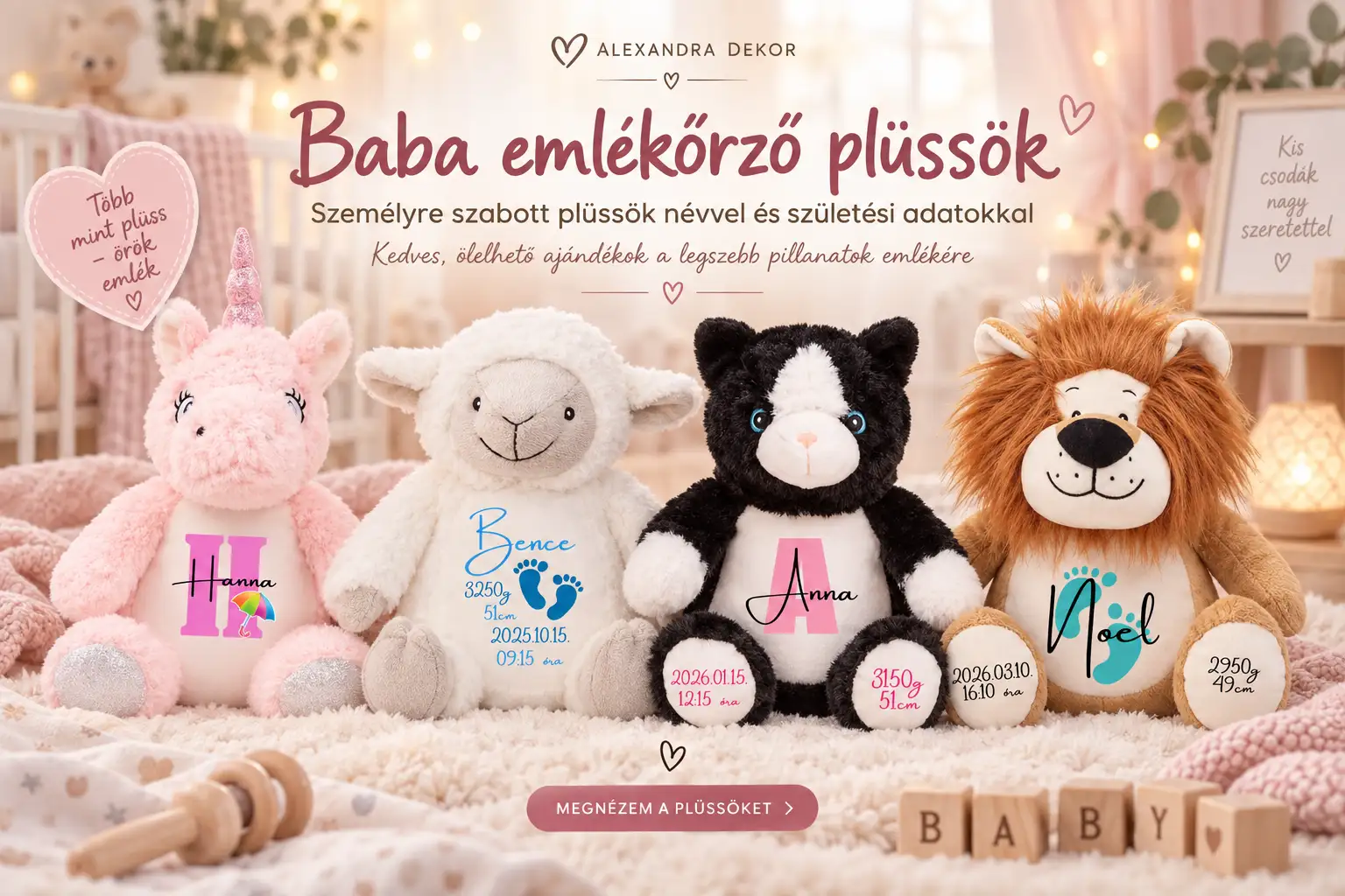Baba emlékőrző plüssök névvel és születési adatokkal – Alexandra Dekor