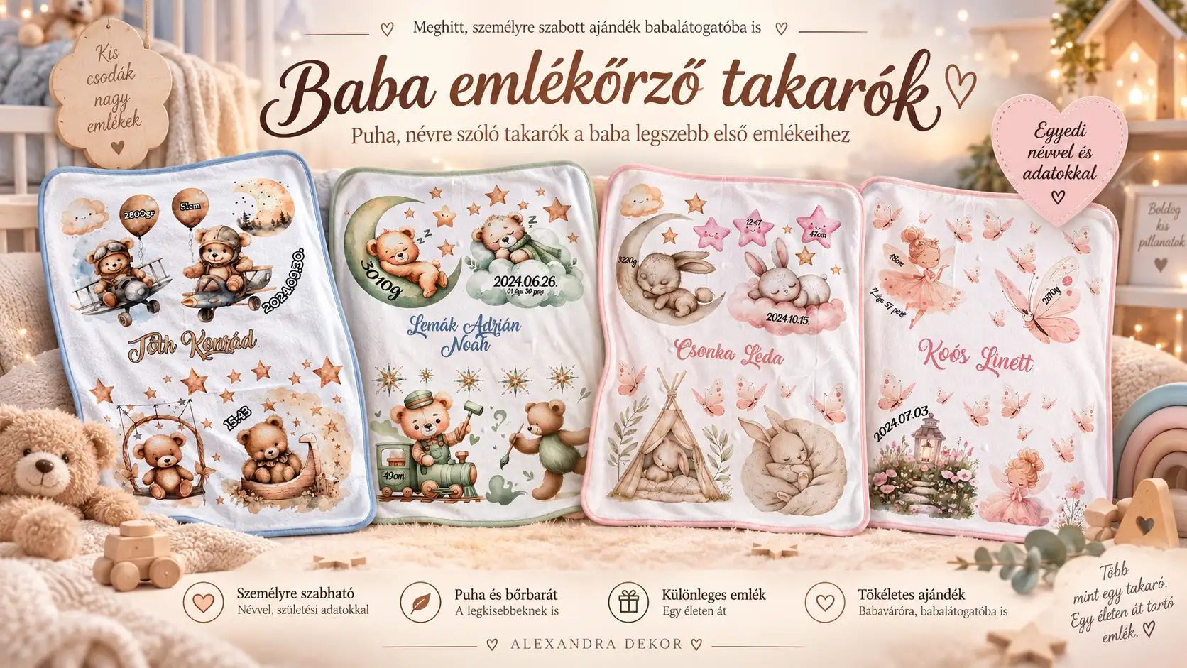 Baba emlékőrző takarók névvel és születési adatokkal – Alexandra Dekor