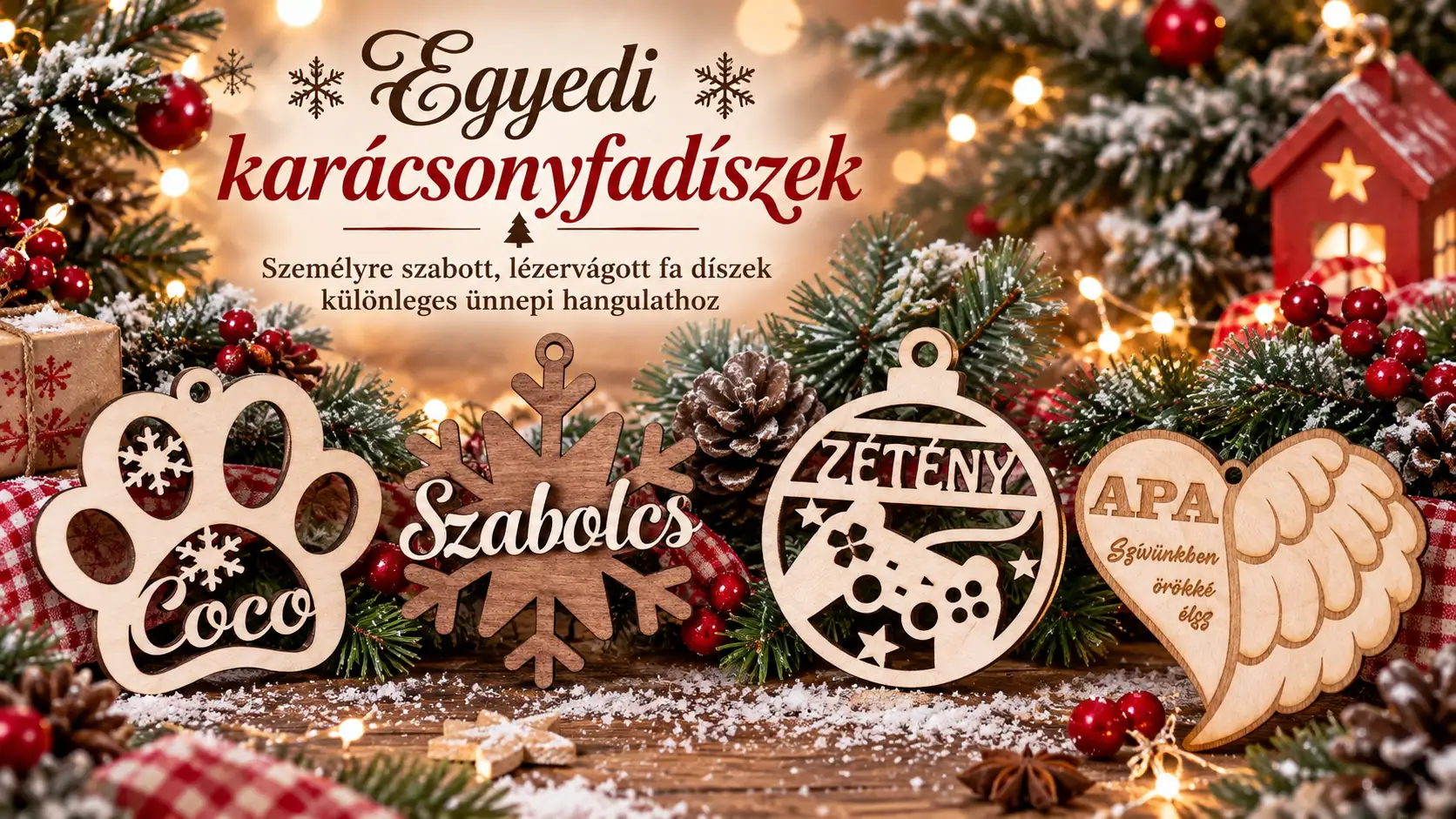 Egyedi karácsonyfadíszek személyre szabott lézervágott fa mintákkal