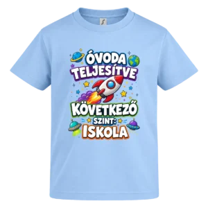 Óvoda teljesítve ovis ballagó póló világoskék színben, rakétás bolygós grafikával