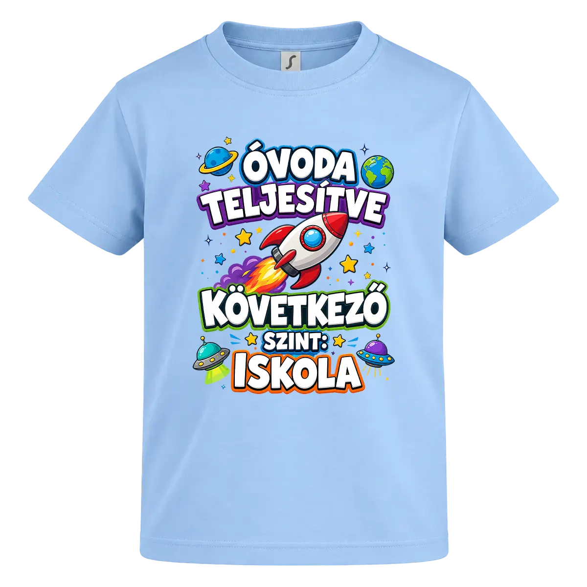 Óvoda teljesítve ovis ballagó póló világoskék színben, rakétás bolygós grafikával